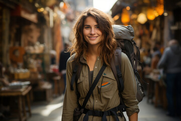 Fototapeta premium Female tourist traveling with backpack in street. Active holidays in summer, traveling to new cities. Portrait of happy freedom woman