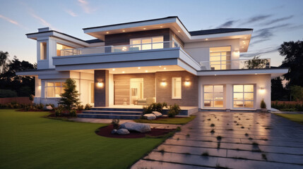 Obraz premium Of modern cozy house in the garden with garage .