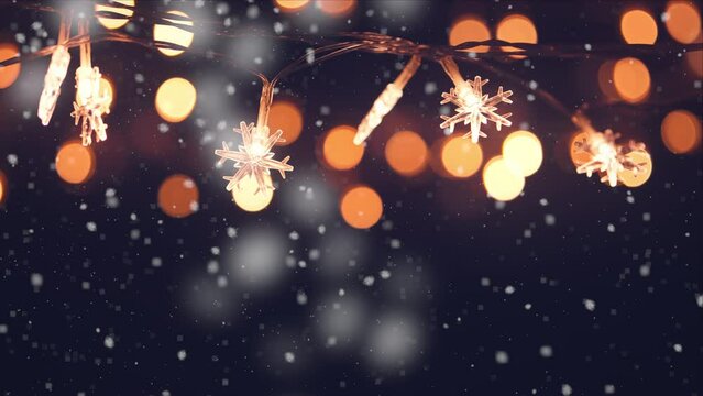 Christmas snowflakes lights bokeh with falling snow, snowflakes, Winter merry Christmas and new year holidays. copy space.