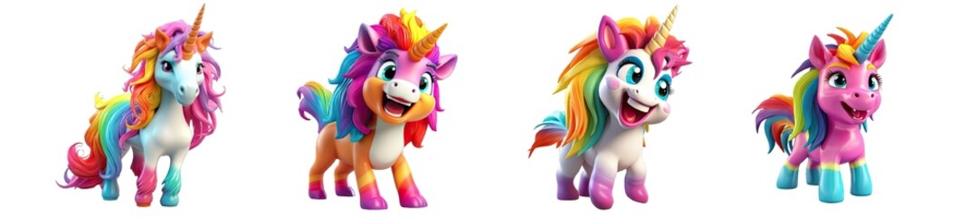Collection of PNG. Illustration of a happy unicorn with a very colorful mane. Cartoon style isolated on a transparent background.
