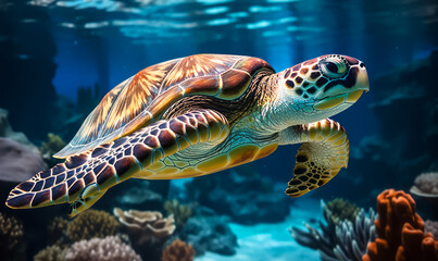 Fototapeta premium Graceful Sea Turtle Swimming Serenely in Sunlit Ocean Waters Amidst Coral Reef