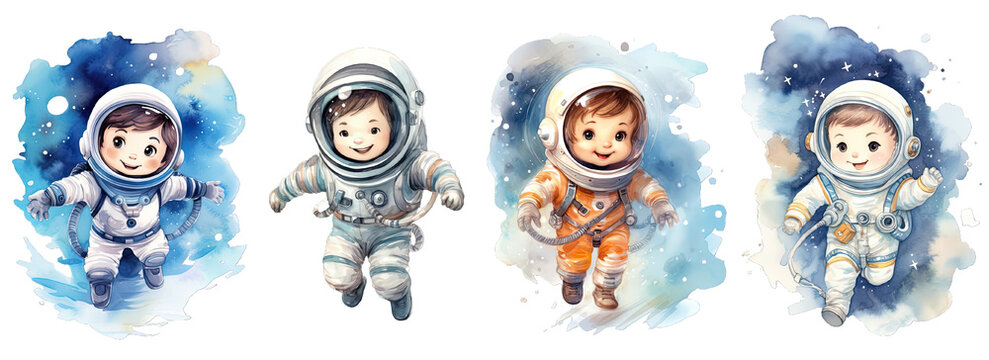 Collection of PNG. Little astronaut floating in deep space wearing a full cosmonaut suit, watercolor illustration. Character for children's illustration book isolated on a transparent background.