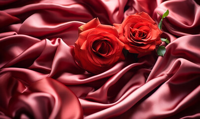 Elegant crimson satin fabric with delicate roses creating a romantic and sensuous mood, ideal for luxurious fashion or decor themes