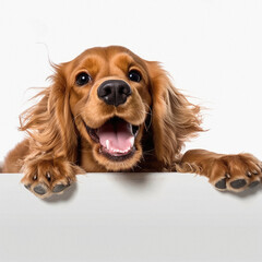 Cocker Spaniel dog peeking out from behind blank banner. isolated on white background .