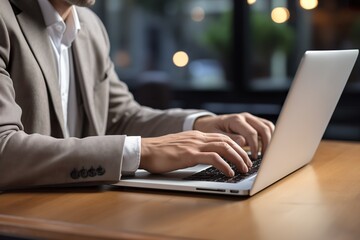 Close-up photo of businessman typing on laptop.