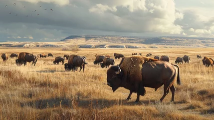 Crédence de cuisine en verre imprimé Buffle A herd of buffalo, grazing in a vast prairie, is a reminder of the power and majesty of nature. ai generated.