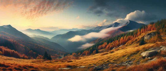 Schilderijen op glas Panoramic view of autumn mountain landscape with colorful forest at sunset © Art AI Gallery