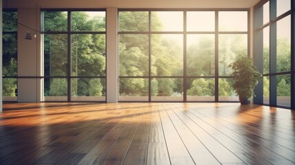 Modern loft room with wooden floor and large windows