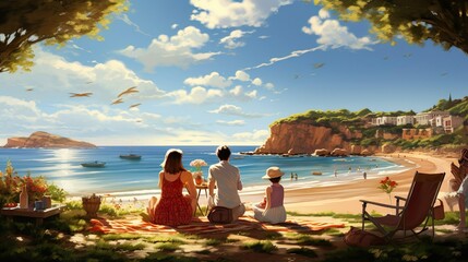 Family Picnic , A family enjoying a picnic on the beach.