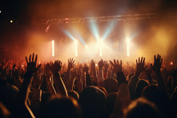 Crowd at a concert with hands raised at a music festival . - obrazy, fototapety, plakaty