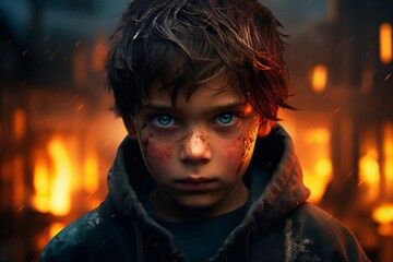 The face of a boy with blue eyes, against the background of collapsed houses and flames around him
