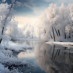 A serene winter landscape with snow-covered trees and a frozen lake.