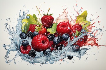 Bunte Früchte mit Splashes, made by AI - obrazy, fototapety, plakaty