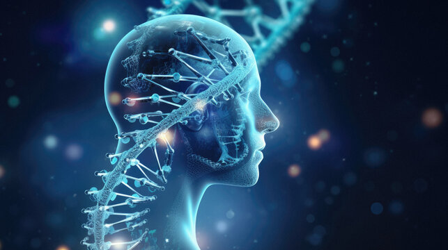 Human head with DNA strand as biochemistry science concept - Powered by Adobe