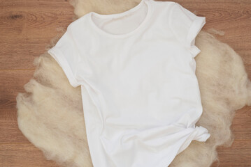 White cotton T-shirt mockup. Woman shirt mock ups. Blank clothes template mock up. Flat lay styled stock photo.
