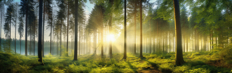 Morning in the forest. Panoramic view of sunrise in the forest .