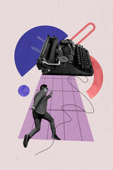 Vertical creative picture collage of mature age worker man running to old journalist machine...
