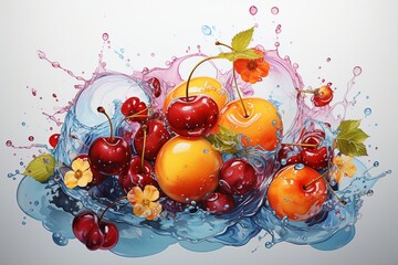 Gesunde Früchte mit Splashes, made by AI - obrazy, fototapety, plakaty