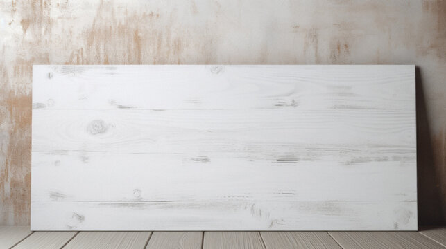 Blank white wooden board on rustic background .