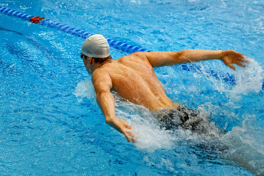 close-up athlete swim butterfly race in swimming competition, summer sports games