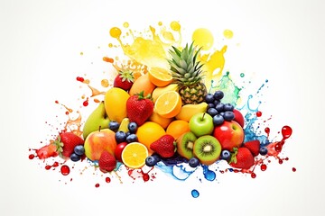 Obraz na płótnie Canvas Berg aus Obst und Früchten mit Splashes, made by AI