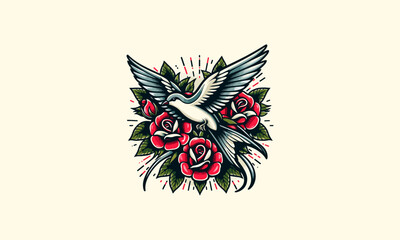flying bird and red rose vector artwork design