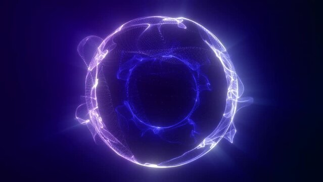 Blue neon sphere emits energy on black. Atom section, purple-blue-white light; smooth rays circle. Science background, phosphorus element. Nano ball, 4K, 60fps, 20 sec