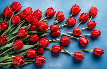 red tulips on a blue background