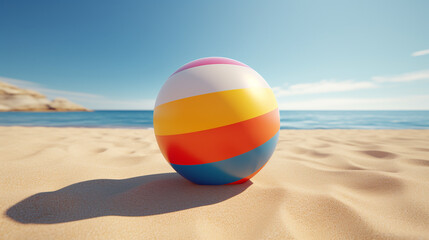 Fototapeta na wymiar colorful beautiful beach ball close up lying on the clean beach sand on the sea shore where there is no one