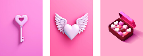 Happy valentine’s day posters on bright pink background color, 3d isometric style, greeting cards with heart-shaped key, heart with wings, box of chocolates