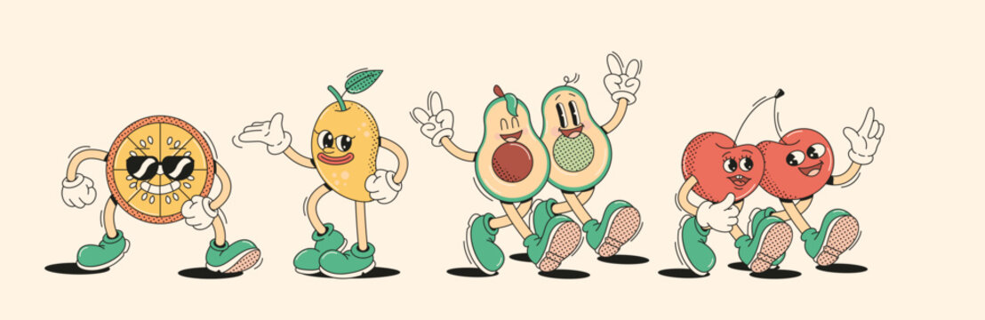 Walking exotic fruits and cherries characters in retro cartoon style vector illustration set. Healthy nutrition vintage animation design