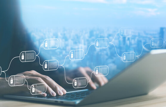 blockchain technology, ledger data algorithms linked together in a chain. concept cyber security financial, cryptocurrency digital, the system payments and transactions to secure business networks.