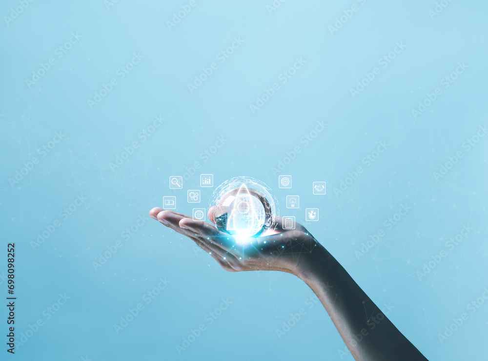 Poster launch rocket start flying up, digital technology network line connection global. concept of startup