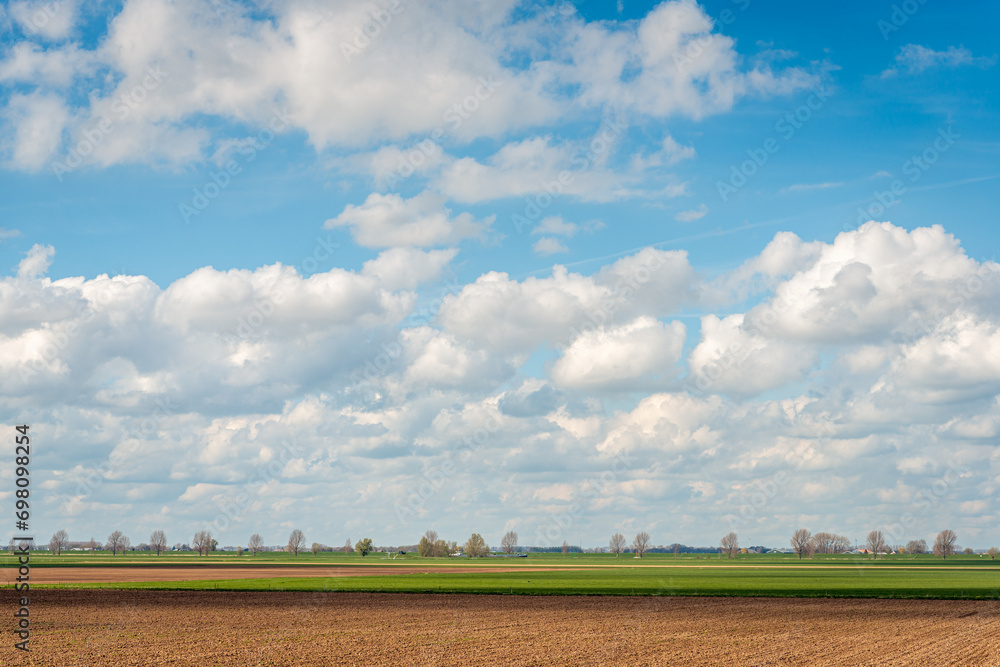 Poster Landscape with white clouds in a blue sky above a newly plowed field. The photo was taken in the Netherlands at the beginning of the spring season.