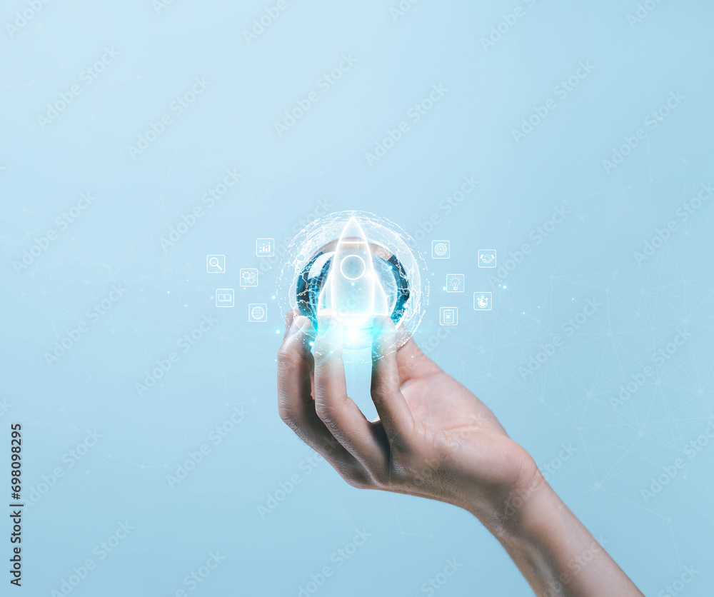 Poster launch rocket start flying up, digital technology network line connection global. concept of startup