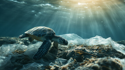 World turtle day and Ocean environmental day. Turtle with plastic in the water .Save sea plastic pollution.Climate change, Environmental CSR. copy space - obrazy, fototapety, plakaty