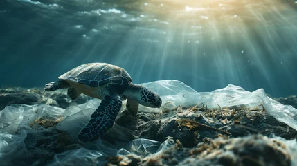Tafelkleed World turtle day and Ocean environmental day. Turtle with plastic in the water .Save sea plastic pollution.Climate change, Environmental CSR. copy space © ALL YOU NEED