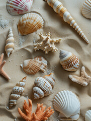 set of varied seashells and corals on a sand background
