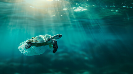 World turtle day and Ocean environmental day. Turtle with plastic in the water .Save sea plastic pollution.Climate change, Environmental CSR. copy space