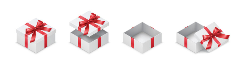 Square gift boxes with tied color bows realistic vector illustration set. Minimalist holiday containers decorated with ribbons 3d elements on white