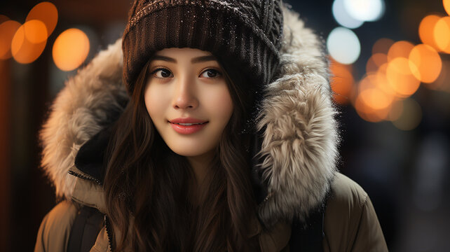 The joys of winter, the smiles of beautiful women shining in the urban atmosphere, bright young women enjoying the lights, fashionable hats and warm smiles,  Generative AI