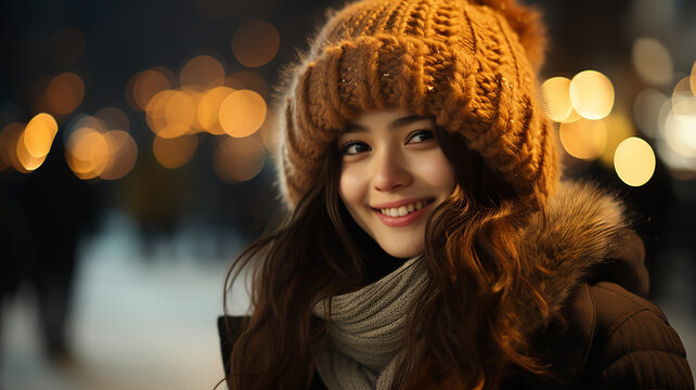 The joys of winter, the smiles of beautiful women shining in the urban atmosphere, bright young women enjoying the lights, fashionable hats and warm smiles,  Generative AI