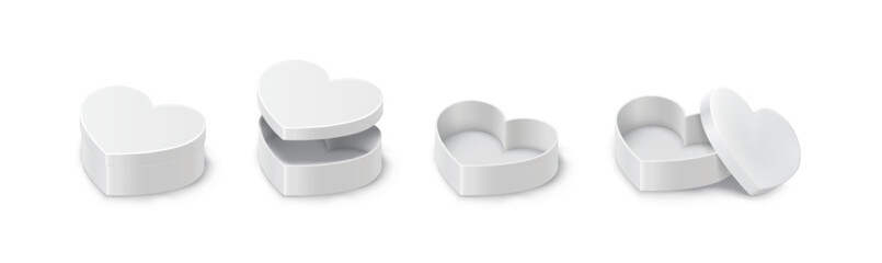 Heart shaped gift boxes realistic vector illustration set. Packaging surprise for Saint Valentine day 3d elements on white background