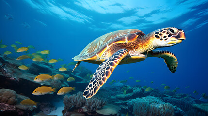 Fototapeta na wymiar closeup view of a green sea turtle swimming under the ocean