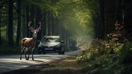 a beautiful young deer with big horns crosses an asphalt road in front of a passing car through a green forest - obrazy, fototapety, plakaty