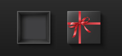 Open gift box with red ribbon on lid realistic vector illustration. Present packaging with bow for holiday 3d elements on black background