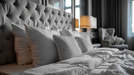 Fototapeta premium Bedroom interior design details. Comfortable bed with soft white pillows and bedding in bed