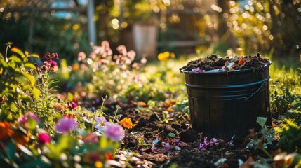 Composting bin compost bin placed in garden, surrounding flowers and plants outdoors. Composting bin to recycle home and garden wastes. Zero waste, sustainable lifestyle 