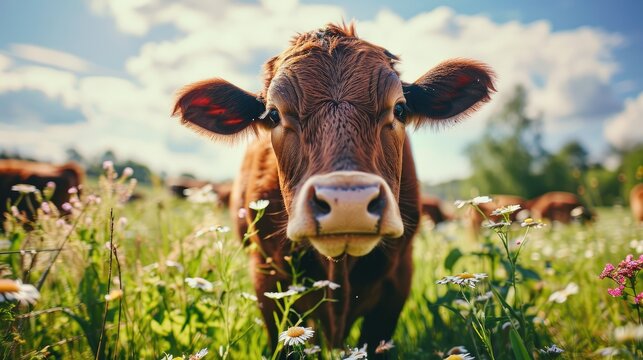 beautiful happy cow in a meadow with flowers in perfect hair to spike, high wool detail, warm sunny day