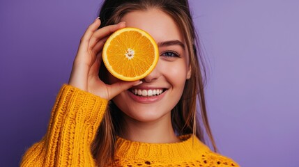 Photo of young attractive girl happy positive smile close cover eye orange fruit isolated over violet color background 